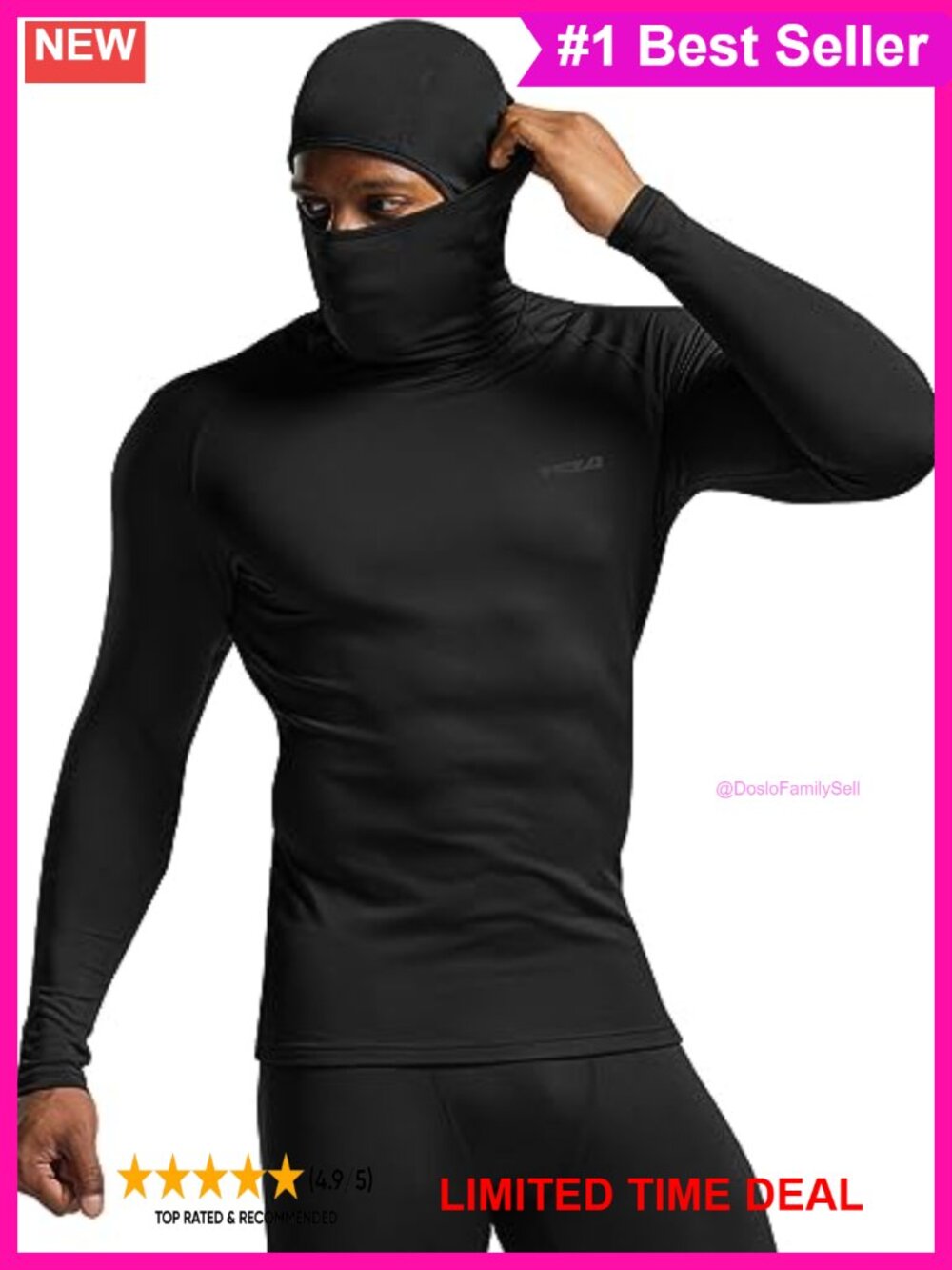 Men's Thermal Compression Hoodie Shirt with Mask Long Sleeve Base Layer